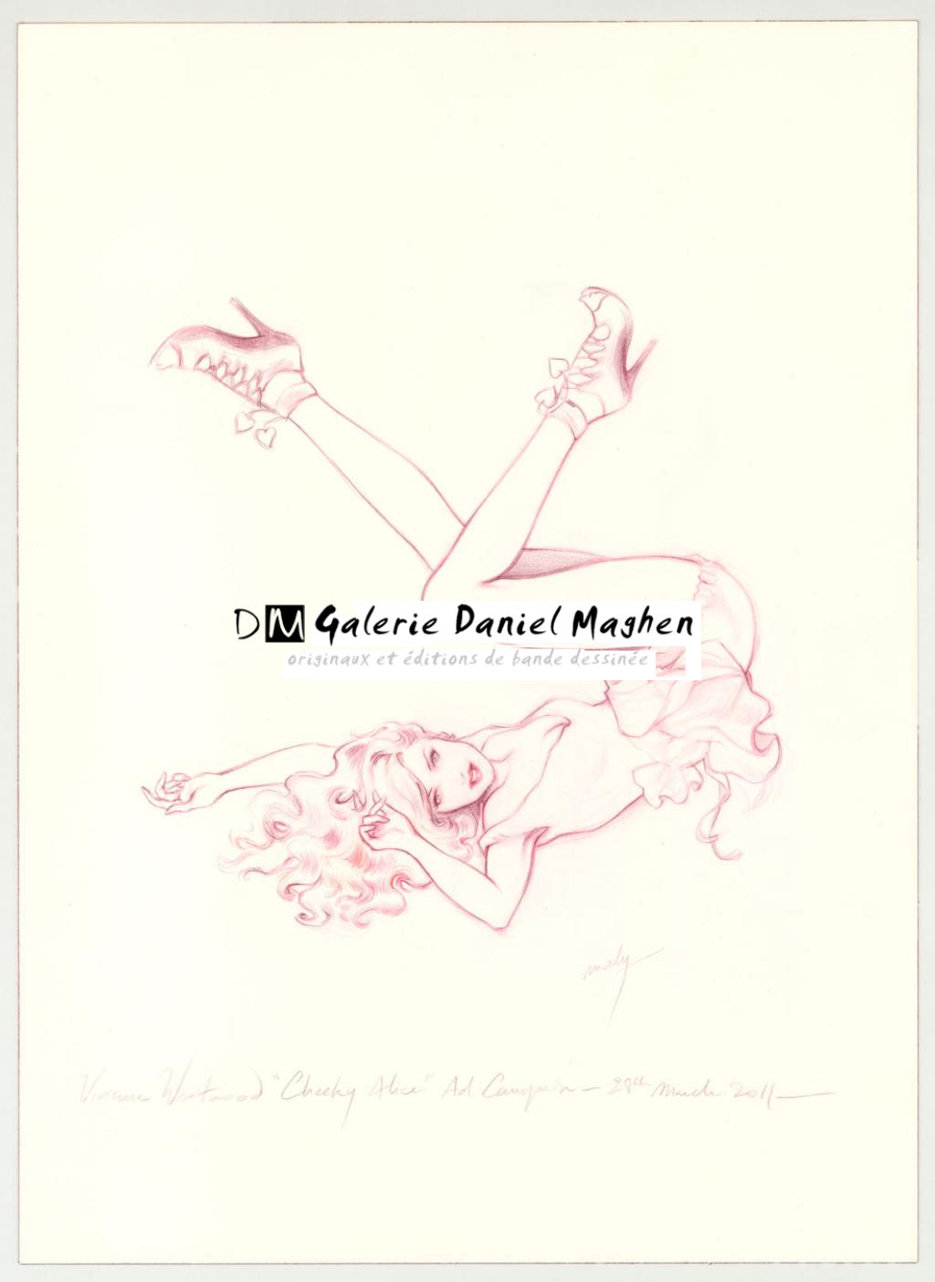 Illustration originale intitulée "Cheeky Alice", utilisée pour la campagne de publicité des parfums "Cheeky Alice" de Vivienne Westwood - Maly Siri - Crayon de couleur sur papier - 3177