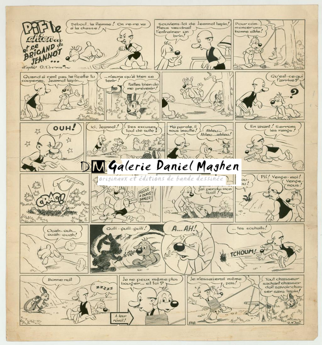 Planche originale - Pif le chien  - papier abîmé, déchirures et tâches publiée dans le Vaillant n°542 - Rmas - Encre de Chine sur papier - 5512