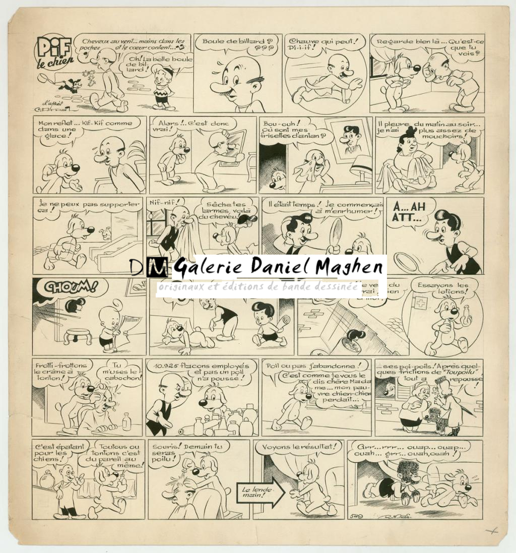 Planche originale - Pif le chien  - papier abîmé, déchirures et tâches - publiée dans le Vaillant n°549 - Rmas - Encre de Chine sur papier - 4132