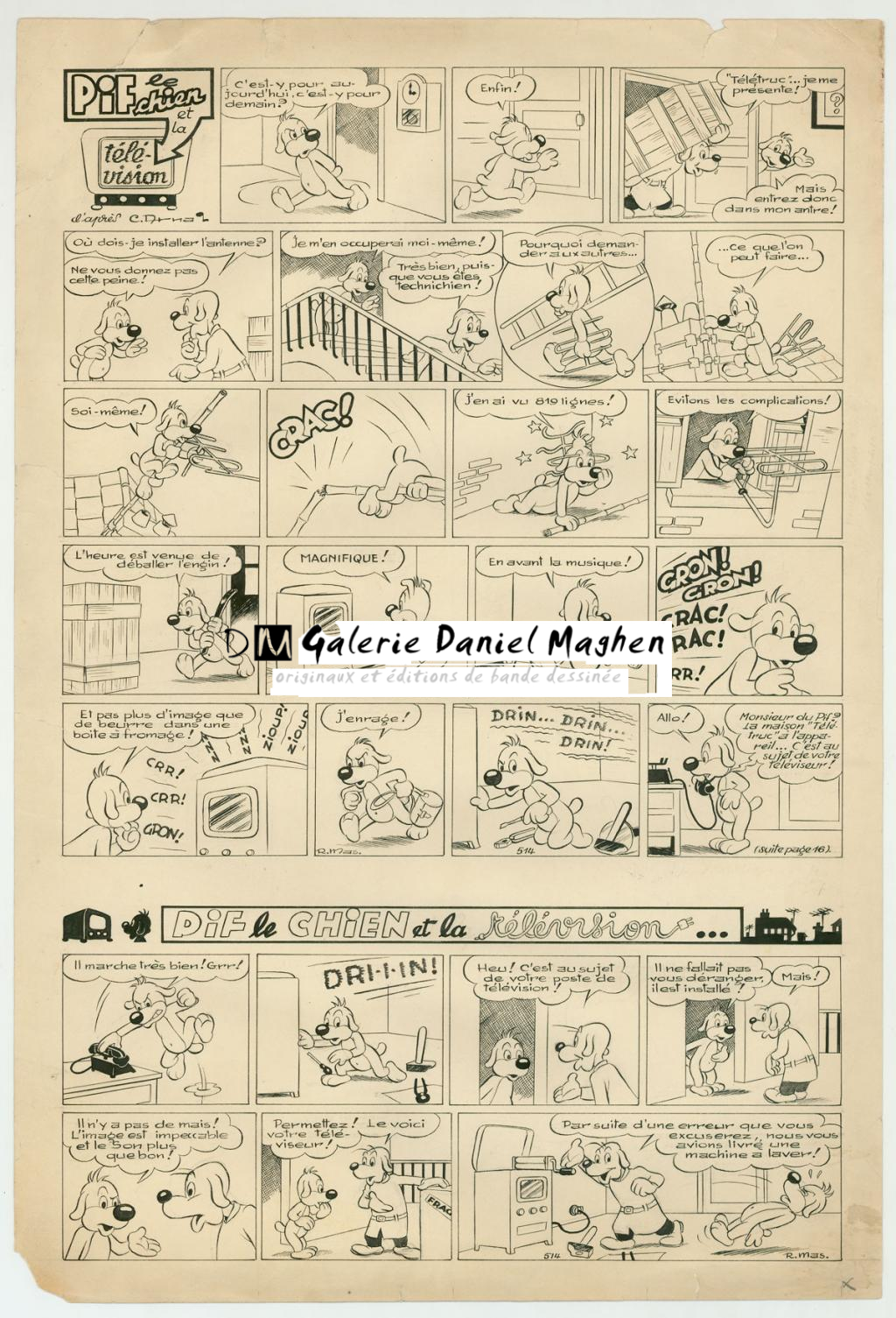 Planche originale - Pif le chien  - papier abîmé, déchirures et tâches - publiée dans le Vaillant n°514 - Rmas - Encre de Chine sur papier - 3817