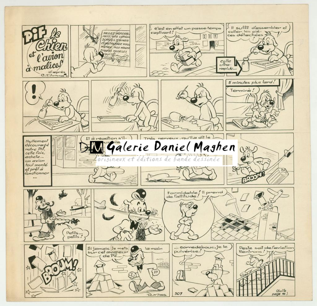 Planche originale - Pif le chien  - papier abîmé, déchirures et tâches -publiée dans le Vaillant n°507 - Rmas - Encre de Chine sur papier - 3285