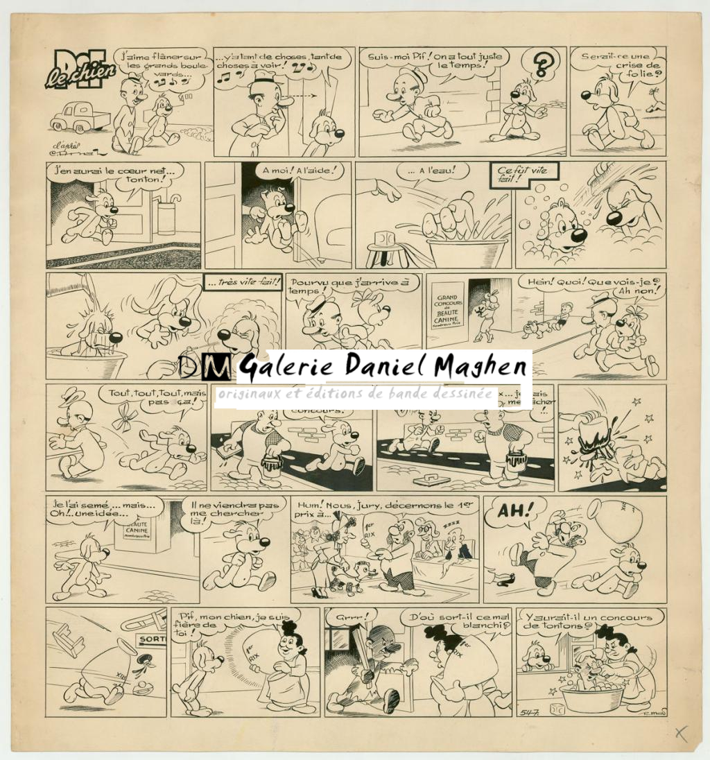 Planche originale - Pif le chien  - papier abîmé, déchirures et tâches publiée dans le Vaillant n°547 - Rmas - Encre de Chine sur papier - 4133