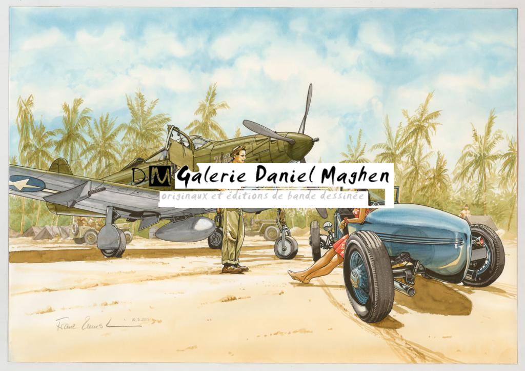 Illustration originale Ford Model A Races et Bell P-39 Siracobra - Franz Zumstein - Aquarelle et encre de Chine sur papier - 3290