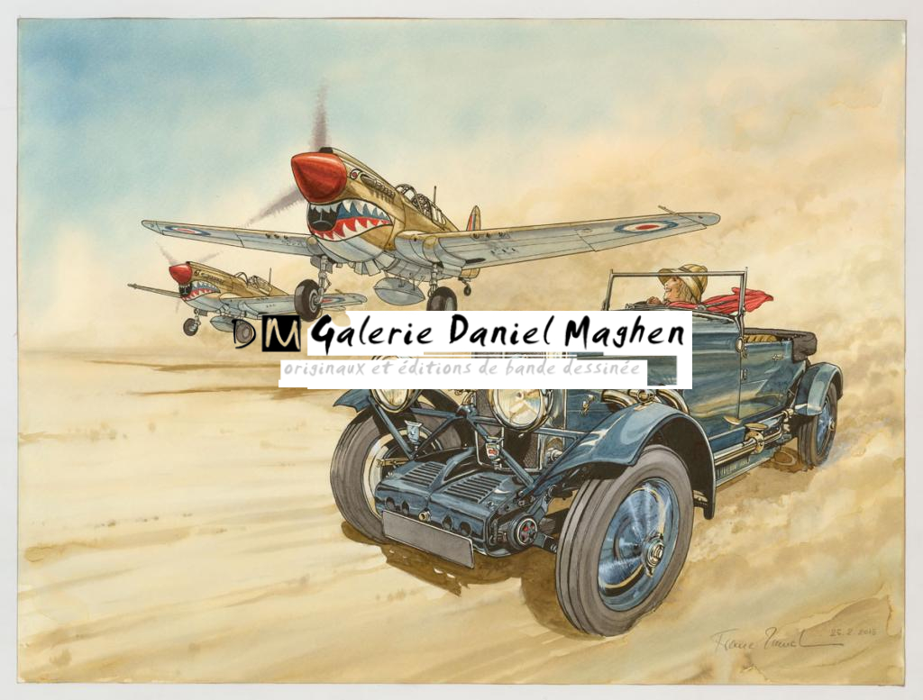 Illustration originale, MG Mark III "Tigress" et Curtiss P-40 D - Franz Zumstein - Aquarelle et encre de Chine sur papier - 3291