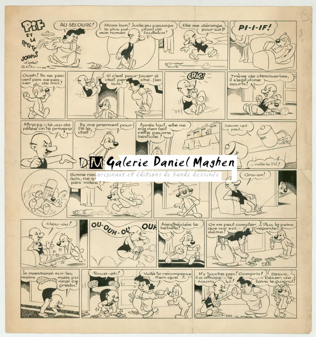 Planche originale - Pif Le chien - déchirures et pliures et traces de saleté sur la planche - publiée dans le Vaillant n°545 - Rmas - Encre de Chine sur papier - 4134