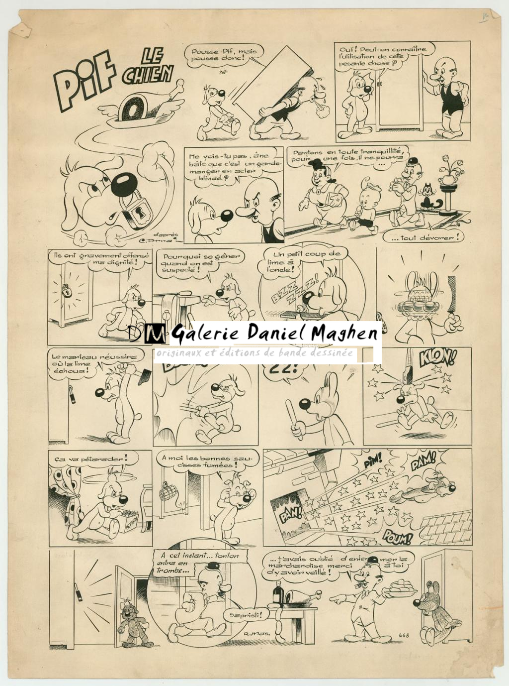Planche originale - Pif Le chien - déchirures et pliures et traces de saleté sur la planche - publiée dans le Vaillant n°468 - Rmas - Encre de Chine sur papier - 3818