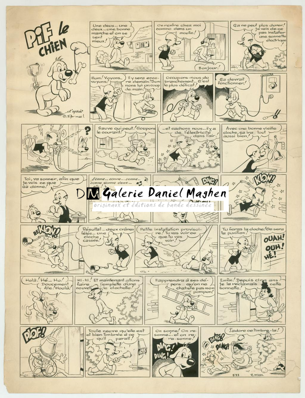 Planche originale - Pif Le chien - déchirures et pliures et traces de saleté sur la planche - publiée dans le Vaillant n°573 - Rmas - Encre de Chine sur papier - 3819