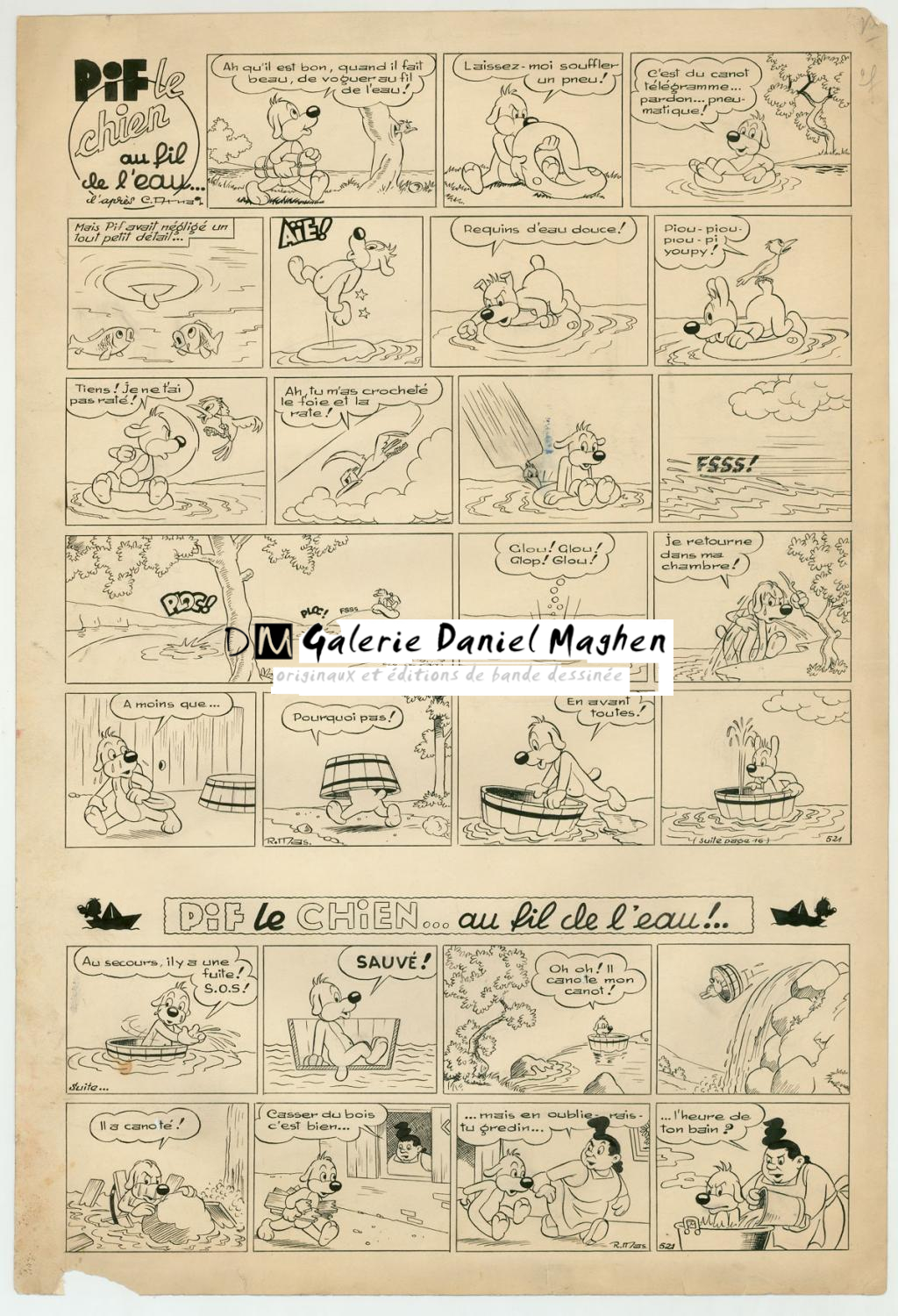 Planches originales 1 et 16 - Pif Le chien - déchirures et pliures et traces de saleté sur la planche - publiée dans le Vaillant n°521 - Rmas - Encre de Chine sur papier - 5513
