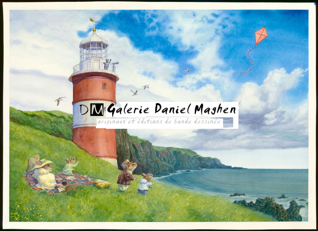Illustration originale, "Picnic By The Lighthouse - Christopher Dunn - Aquarelle sur papier - 3400