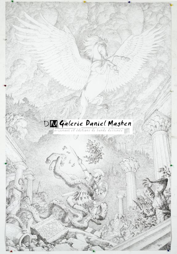 illustration originale intitulée La naissance de Pégase, réalisée en 2015 - Jérôme Lereculey - Encre de Chine sur papier - 3298