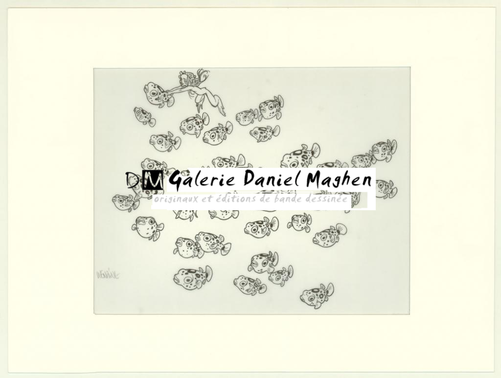 illustration originale, nymphe et poissons - Claire Wendling - Feutre indélébile sur rhodoïde transparent - 3327