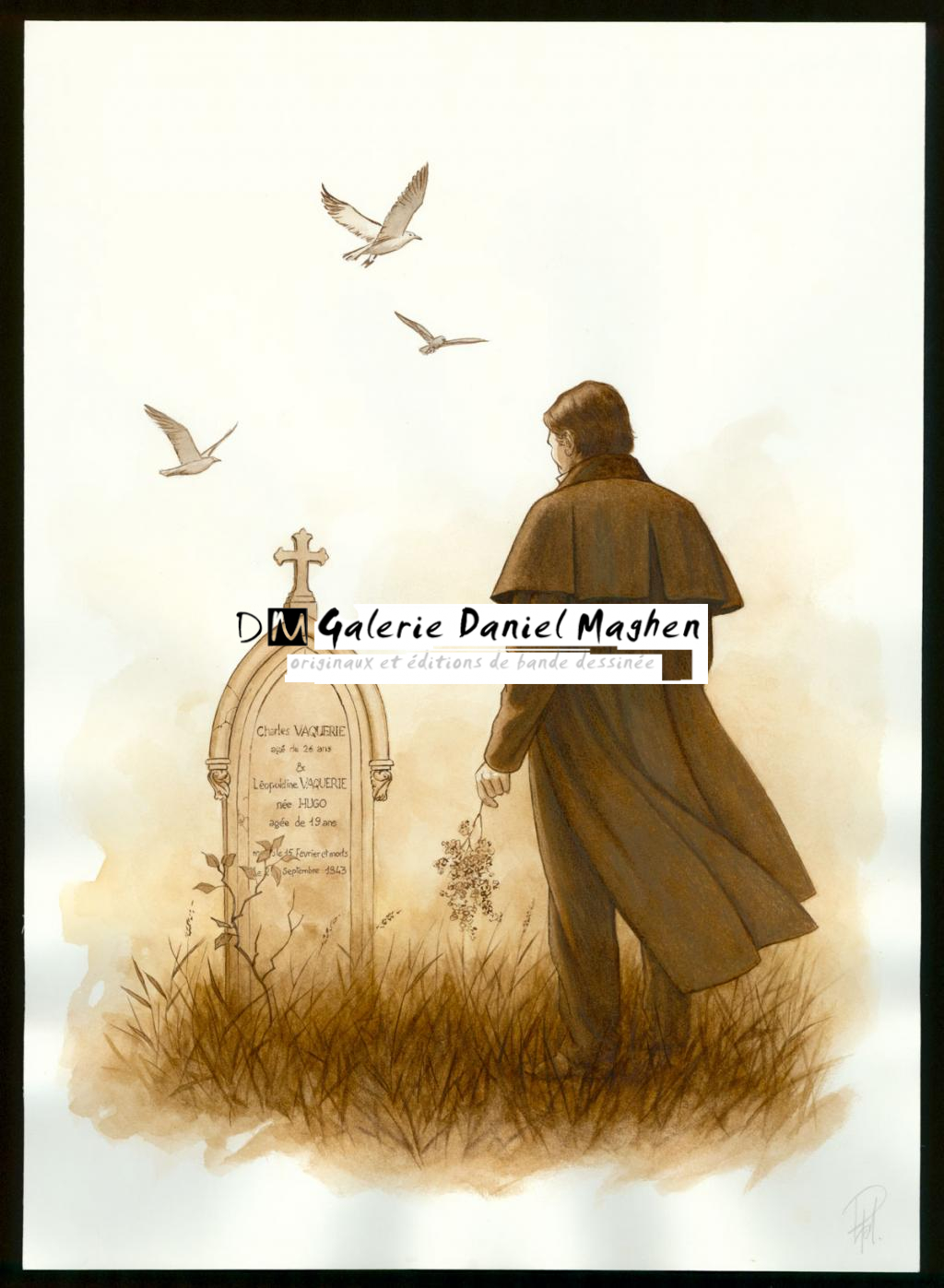Illustration originale 25 - Victor Hugo sur la tombe de Léopoldine - Laurent Paturaud - Aquarelle et crayon de couleur sur papier - 3381