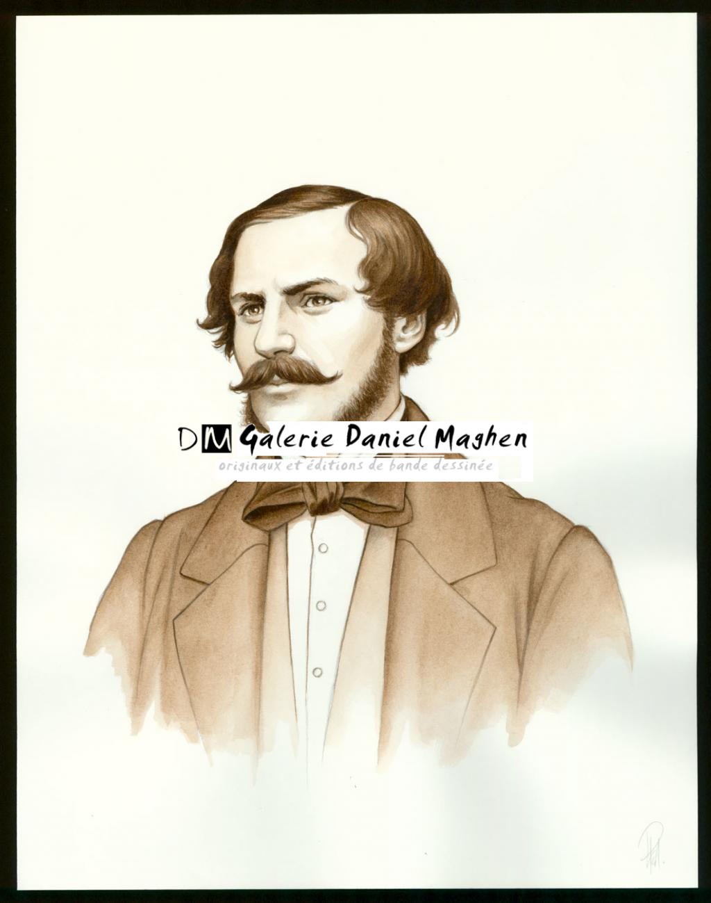 Illustration originale 28 - Portrait de Charles Hugo sépia - Laurent Paturaud - Aquarelle et crayon de couleur sur papier - 3379