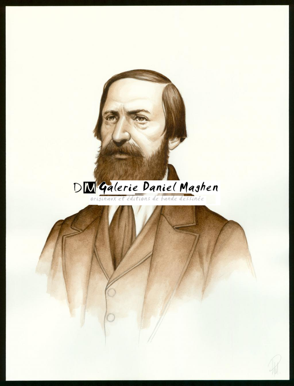 Illustration originale 29 - Portrait d'Auguste Vacquerie, sépia - Laurent Paturaud - Aquarelle et crayon de couleur sur papier - 3378