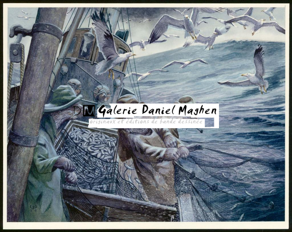 Illustration originale, "Hauling The Nets - Christopher Dunn - Aquarelle sur papier - 3369