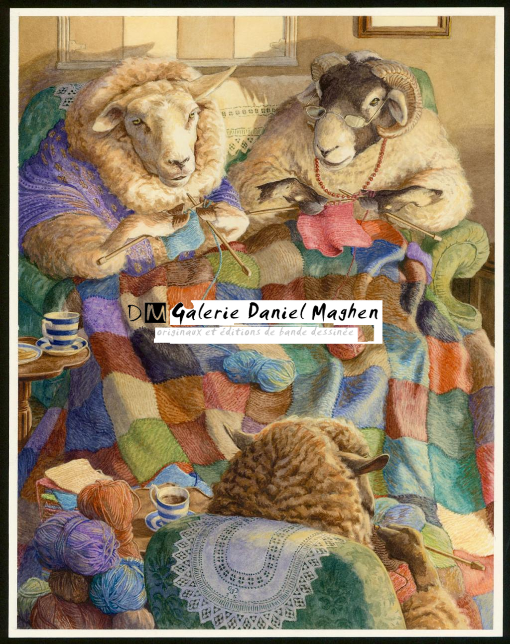 Illustration originale, "Knitting Circle - Christopher Dunn - Aquarelle sur papier - 3368