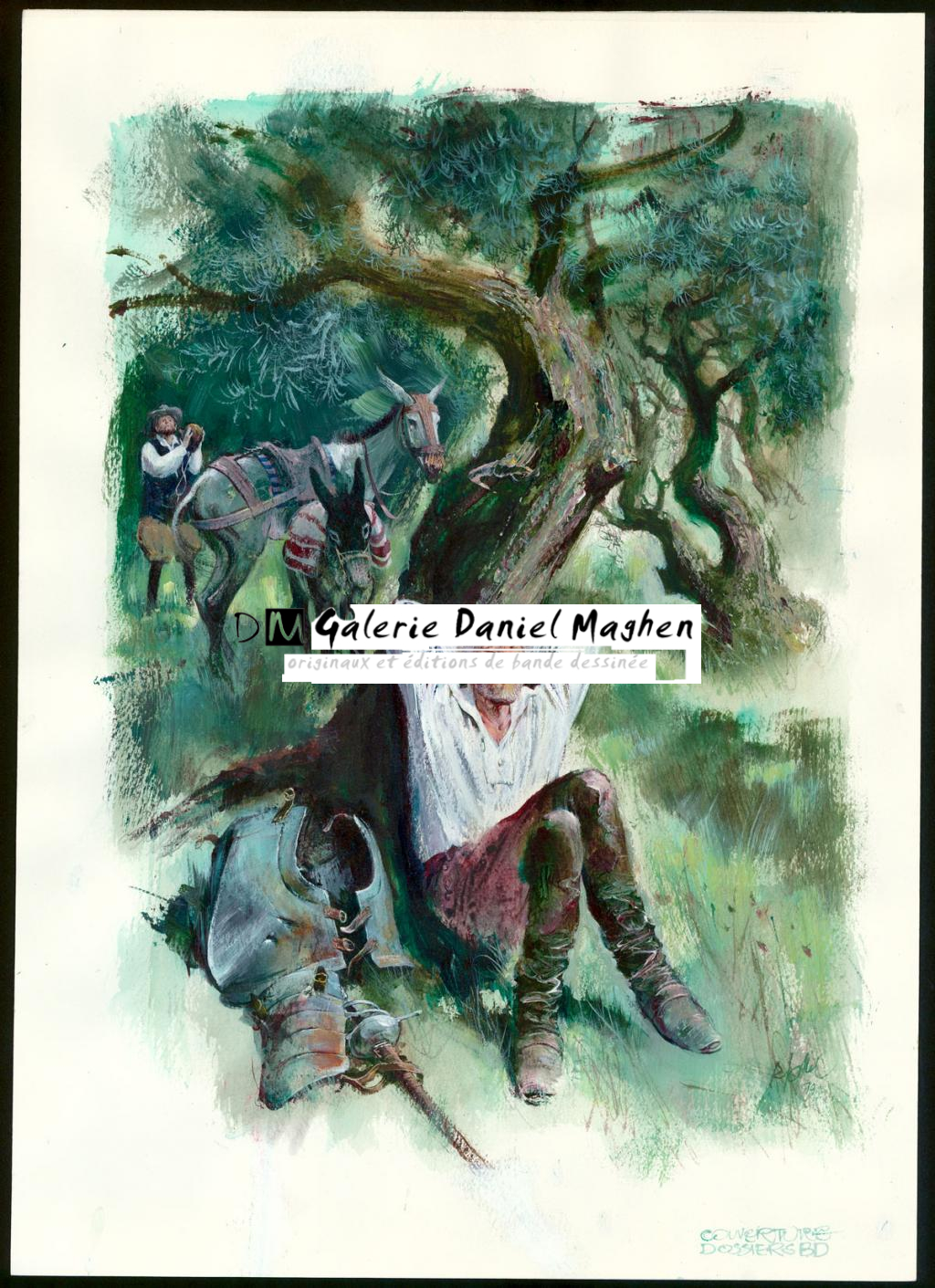 illustration originale couleur utilisée en couverture du magasine ?dBD? représentant Don Quichotte et Sancho - René Follet - Encre de couleur et acrylique sur papier - 3457