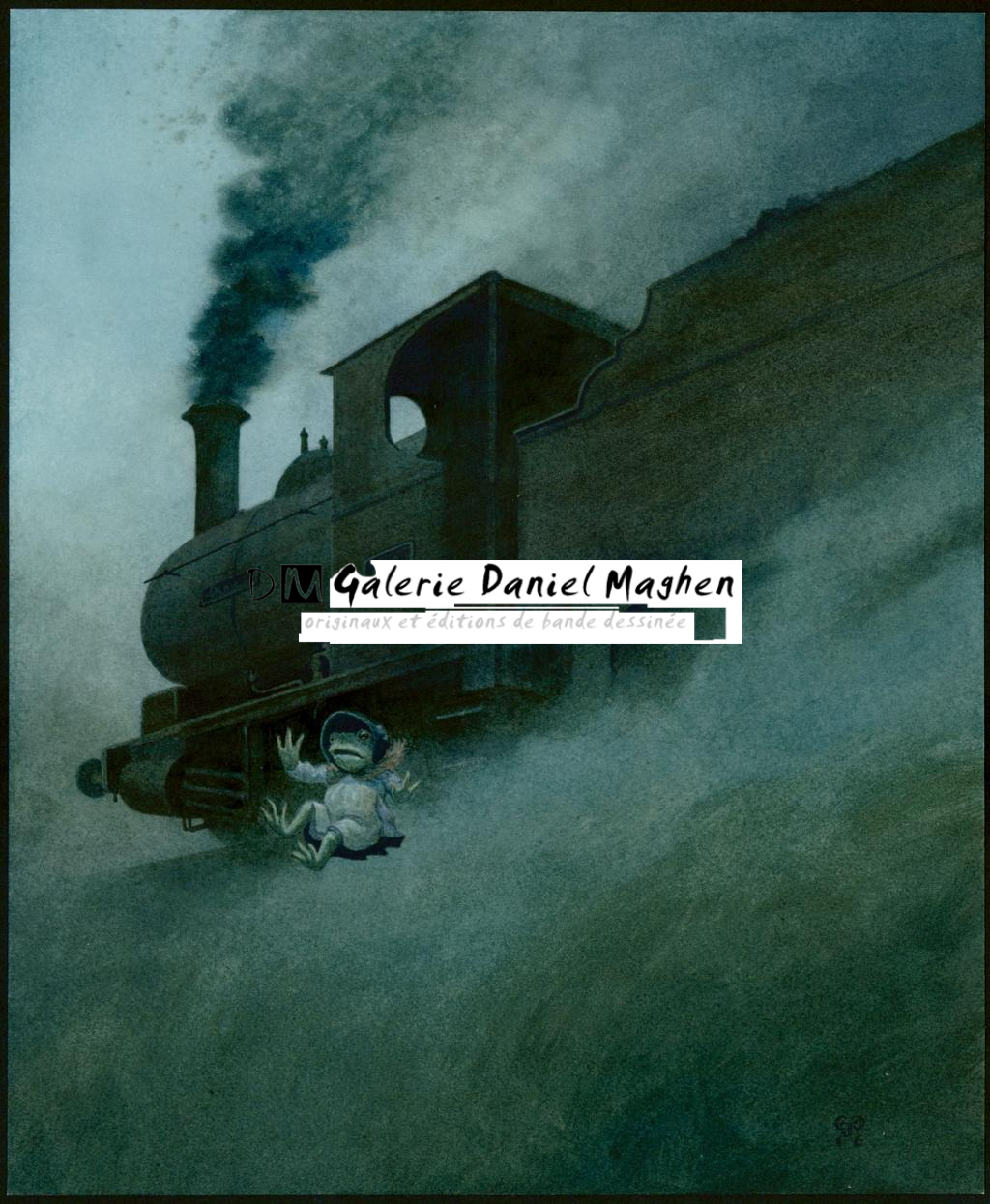 Illustration originale intitulée "Toad jumps from the train" (Crapaud saute du train) - Christopher Dunn - Aquarelle sur papier - 5497