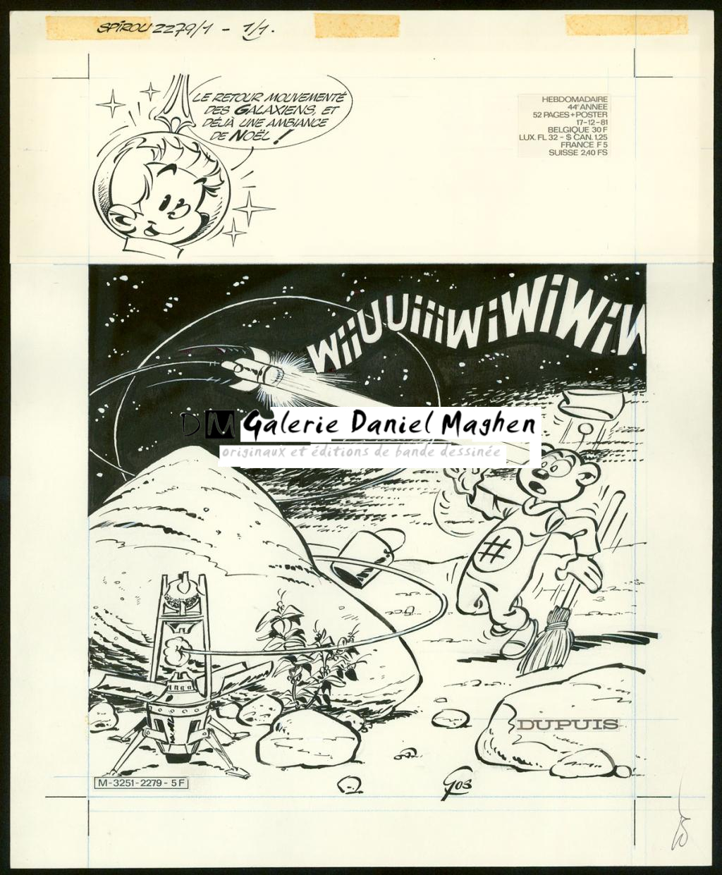 Couverture originale du journal de Spirou n°2279 du 17 décembre 1981 - Roland Gos - Encre de Chine sur papier - 5047