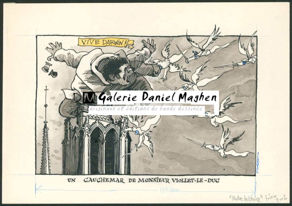Illustration originale - " Un cauchemar de Monsieur Viollet-Le-Duc " réalisée pour le magasine "Notre histoire " en février 2002 - F'murr - Encre de Chine et encre de couleur sur papier - 3713