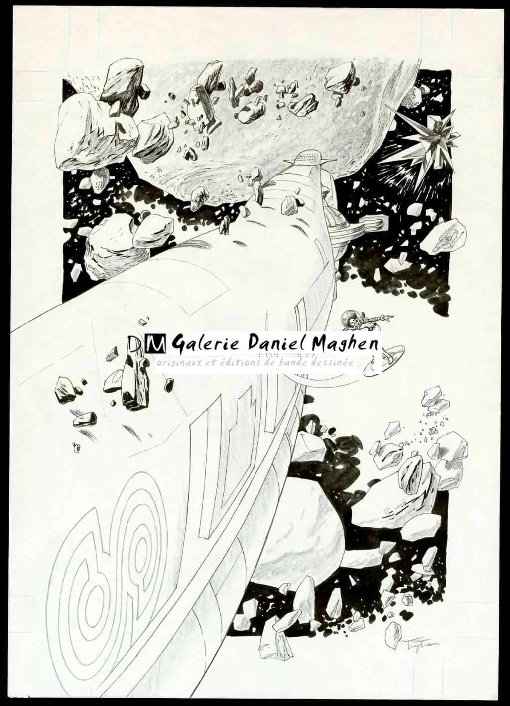 Planche originale avec raccord sur le vaisseau au niveau des pierres - Martin Trystram - Encre de Chine - 4097