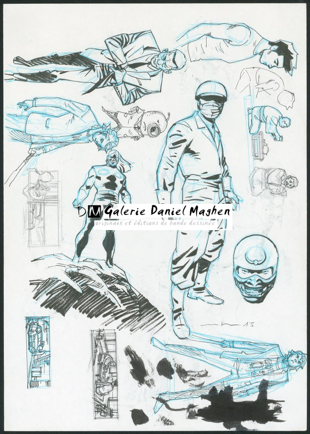 Illustration originale, recherches de personnages - Marcial Toledano - Encre de Chine, crayon et crayon bleu sur papier - 3657