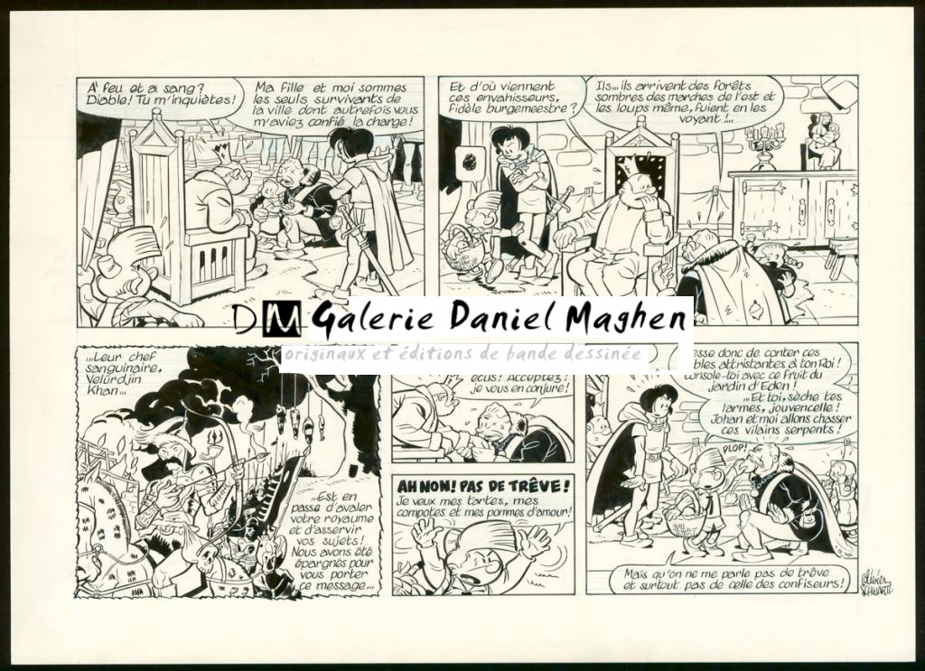 Planche originale, première page réalisée après l'histoire inachevée de Peyo à l'occasion des 60 ans de la série - Olivier Schwartz - Encre de Chine et crayon bleu sur papier - 3810