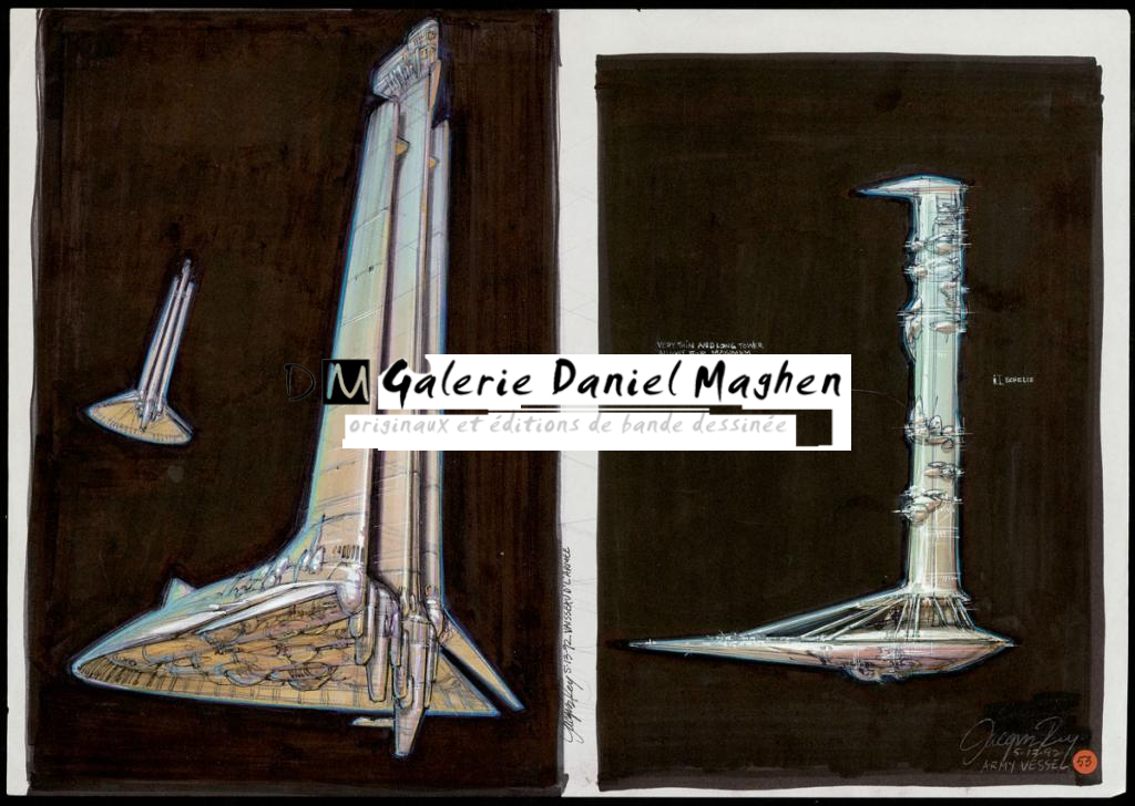 Concept art pour Le cinquième élément de Luc Besson, Vaisseau de l'armée - Jacques Rey - Technique mixte sur papier - 3729