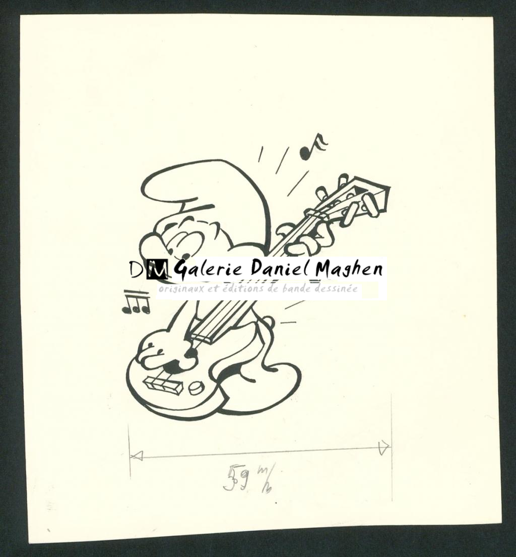 Illustration originale, Schtroumpf musicien - Studio Peyo - Encre de Chine sur papier - 3684