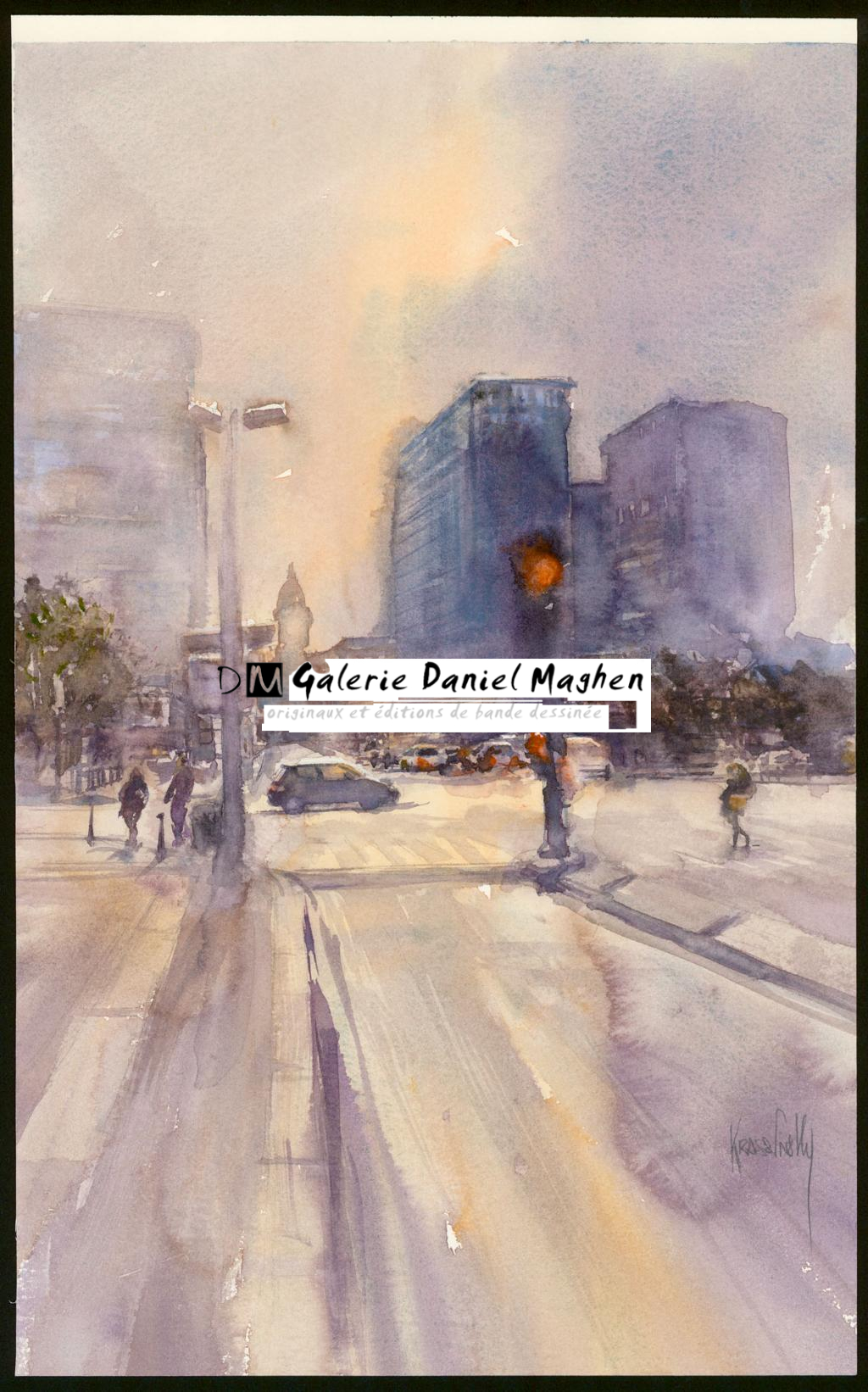 Aquarelle - Paris - Feu rouge - Jean-Paul Krassinsky - Aquarelle sur papier - 3909