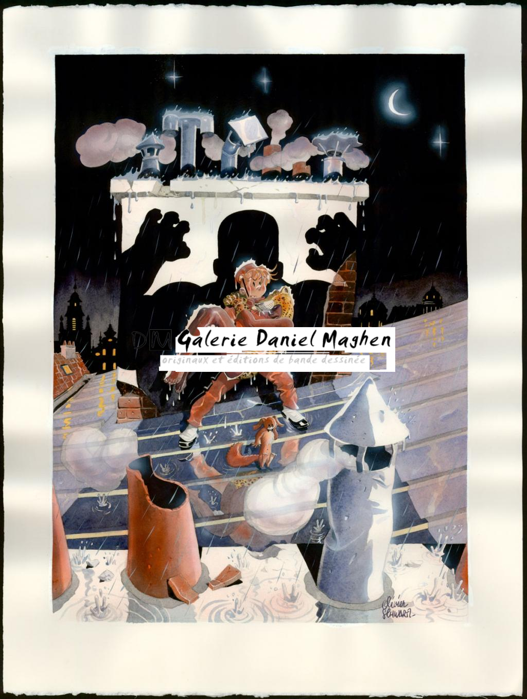 Illustration originale intitulée Spirou acculé - Olivier Schwartz - Gouache sur papier - 6151