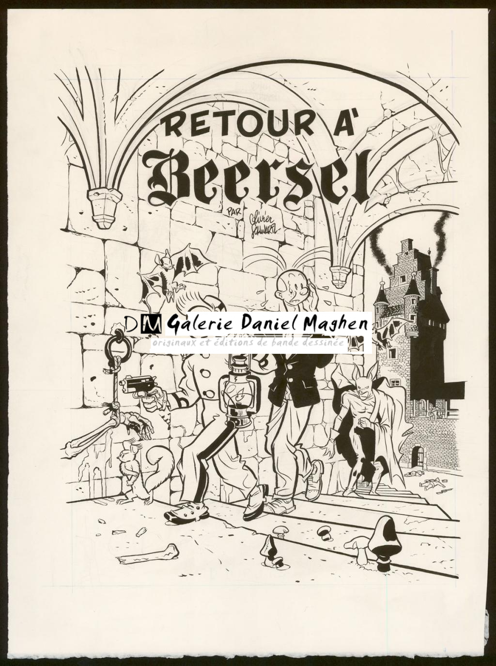 Illustration originale inédite avec un clin d'oeil à Vandersteen et à son album Le trésor de Beersel - Olivier Schwartz - Encre de Chine sur papier - 6158