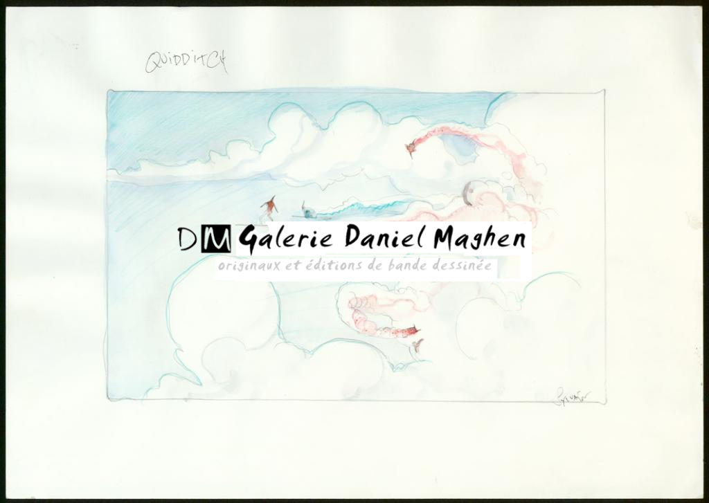 Concept art pour Harry Potter and the sorcerer's stone, Quidditch; Premières recherches pour la Warner au moment où elle recharchait un réalisateur pour les films après le refus de Steven Spielberg - Sylvain Despretz - Technique mixte sur papier - 3955