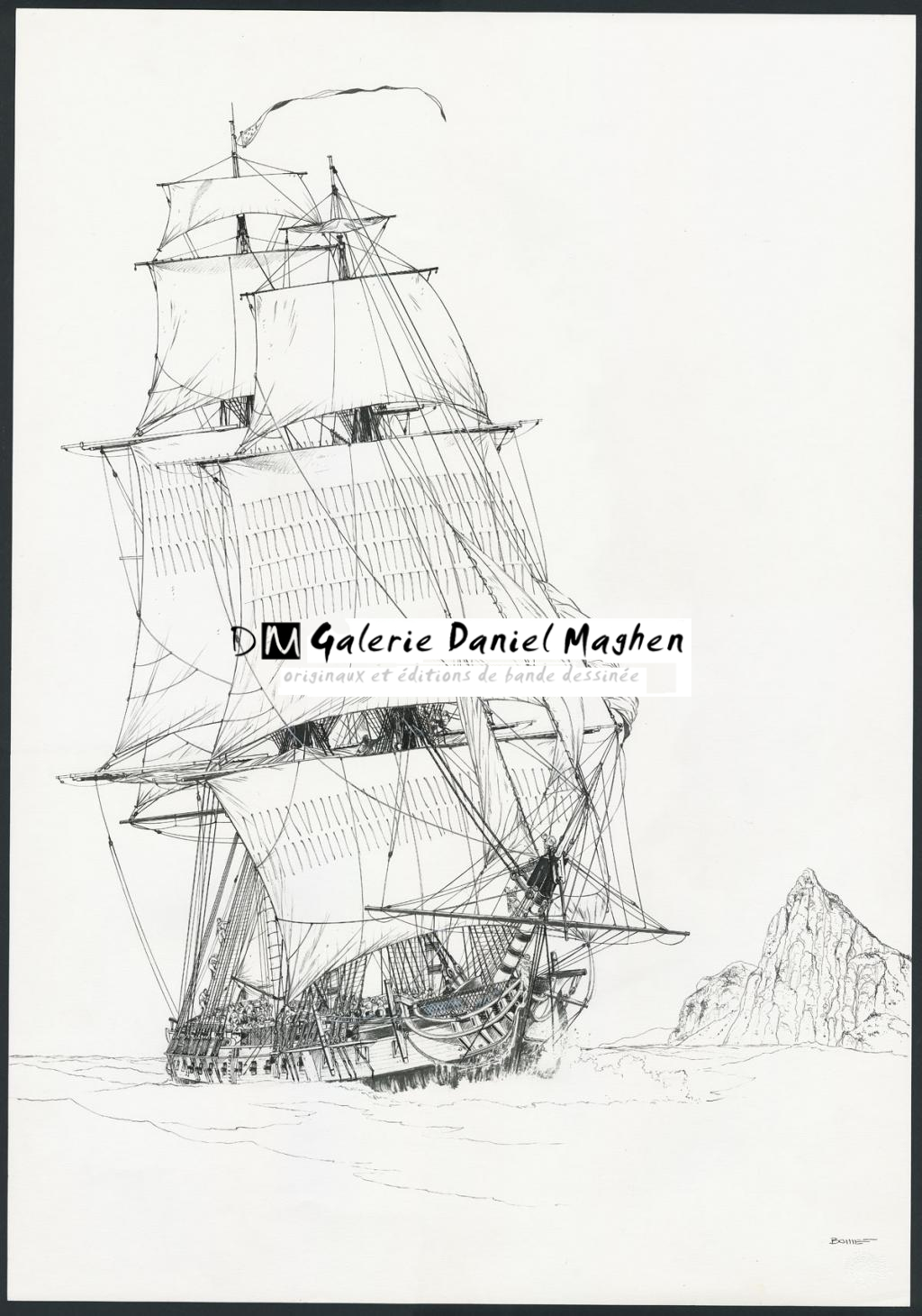Illustration originale " USS Constitution crossing the Gibraltar strait, october 1803 - Franck Bonnet - Encre de Chine sur papier - 4276