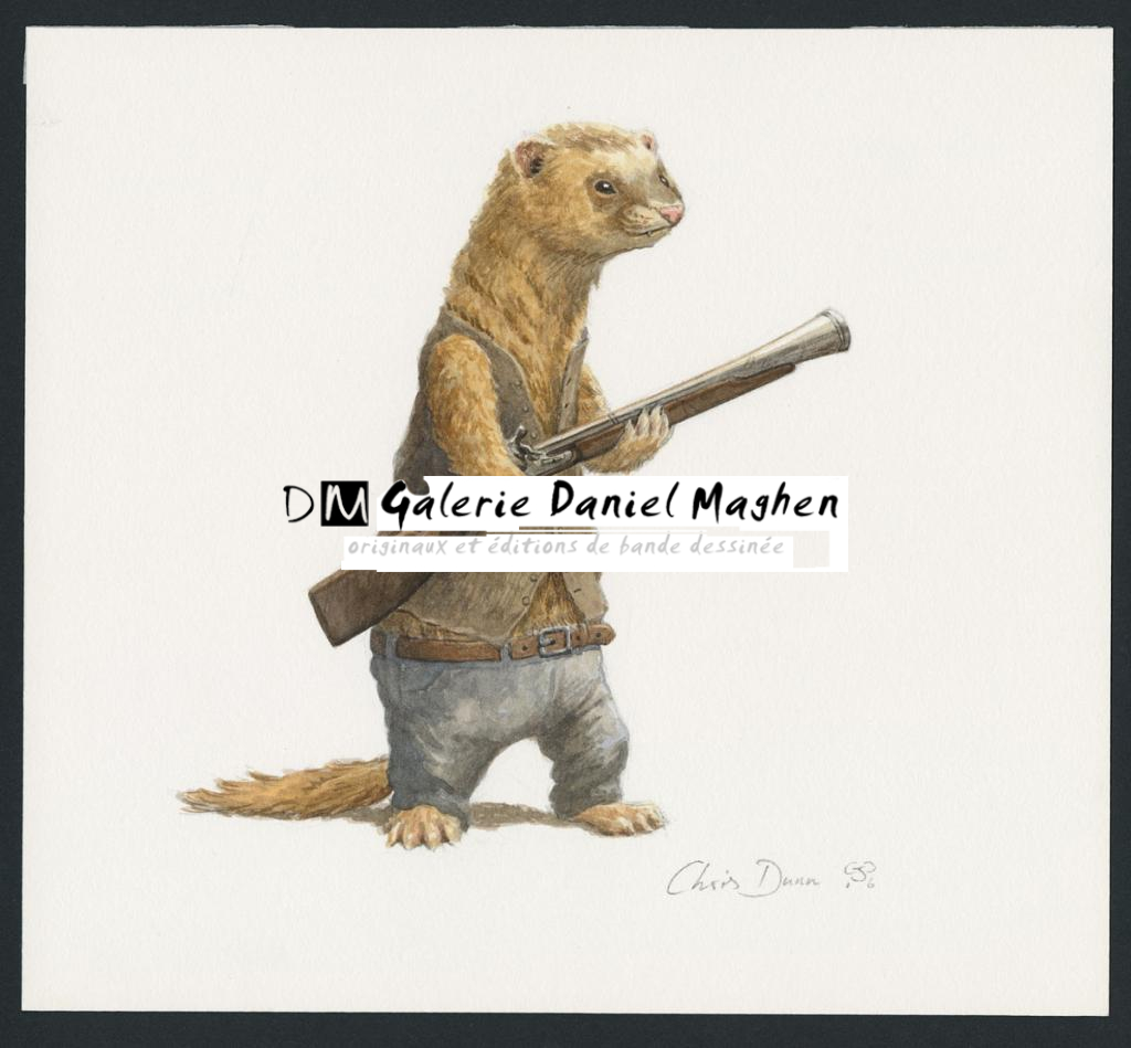 Illustration originale intitulée "Ferret with gun" (Furet avec fusil) - Christopher Dunn - Aquarelle sur papier - 5489