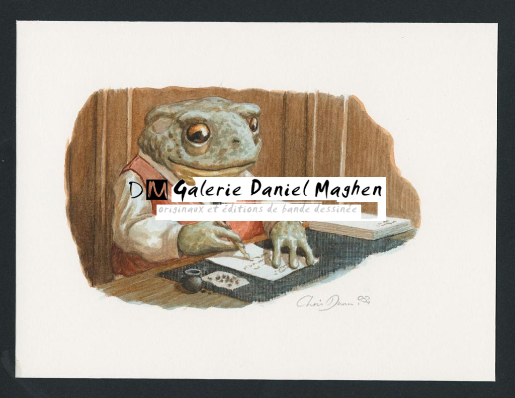 Illustration originale intitulée "Toad writing" (Crapaud écrivant) - Christopher Dunn - Aquarelle sur papier - 5496
