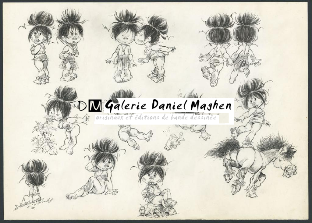 Illustration originale, recherches de personnages - René Hausman - Encre de Chine sur papier - 4847