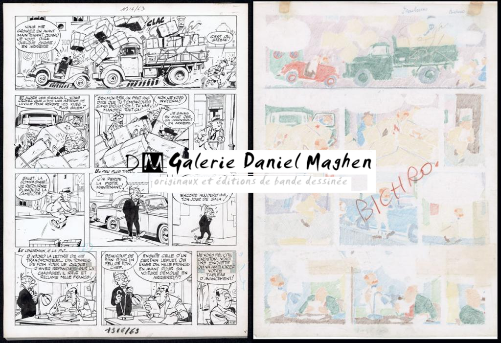 Planche originale n°11  issue de l'histoire La Poursuite, prépubliée dans Spirou en 1963, accompagnée de son calque d'indication couleurs - Maurice Tillieux - Encre de Chine sur papier - 5591