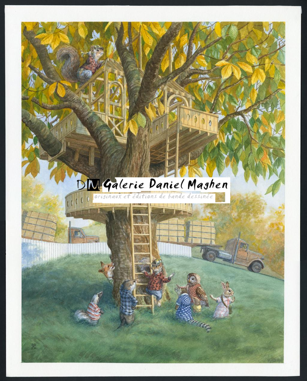 Illustration originale,Building Jimmy's Treeshouse - Christopher Dunn - Aquarelle sur papier - 4733