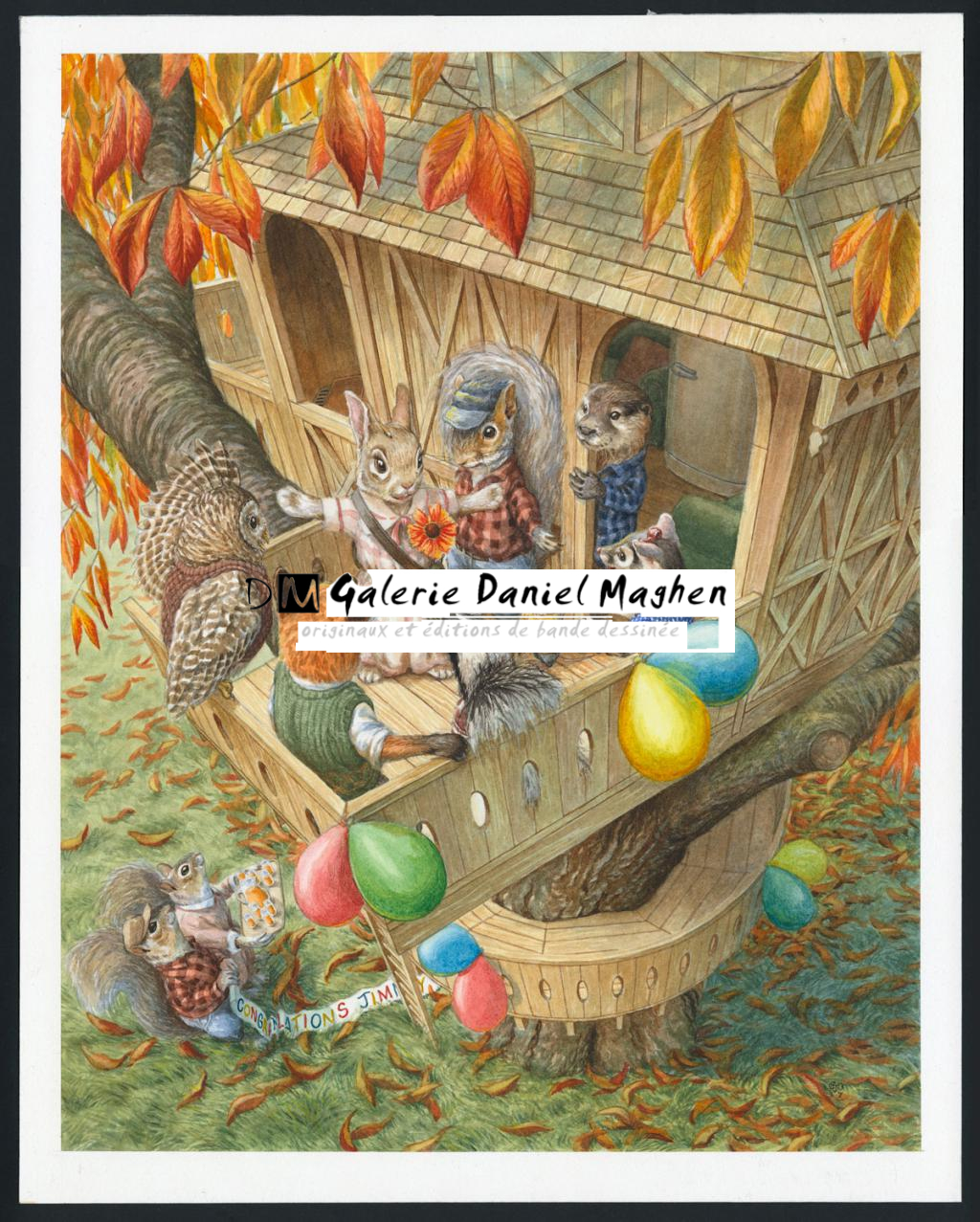 Illustration originale,Jimmy Squirrel's Treehouse - Christopher Dunn - Aquarelle sur papier - 4736