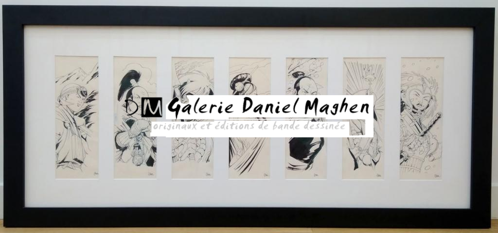 Ensemble de 7 illustrations à l'effigie des personnages de la série encadrées. Le lot présente également les tirages couleurs, encadrés - Hub - Encre de Chine sur papier - 5106