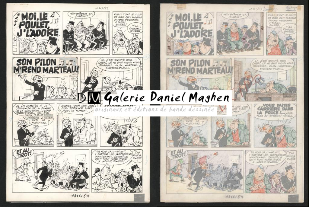 Planche originale n°2 issue de l'histoire La Poursuite, accompagnée de son calque d'indications des couleurs, prépublié dans Spirou en 1963 - Maurice Tillieux - Encre de Chine sur papier - 5625