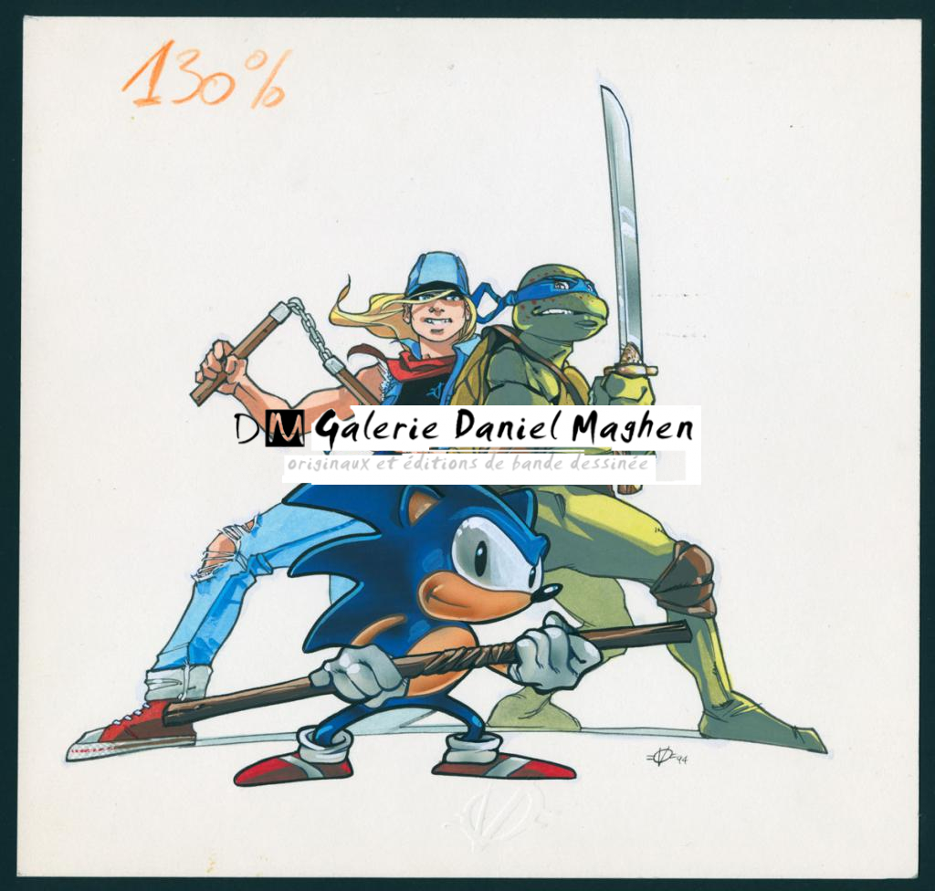 Sam Player vs TMNT + Sonic, couverture originale du magazine Player One n°39 publié en février 1994 - Olivier Vatine - Acrylique, encre de Chine et gouache blanche sur p - 1