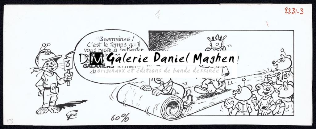 Illustration originale avec  calque d'indication couleur publiée dans le magazine Spirou pour l'annonce du Prince des Galaxiens (t.10) - Roland Gos - Encre de Chine sur papier - 5037