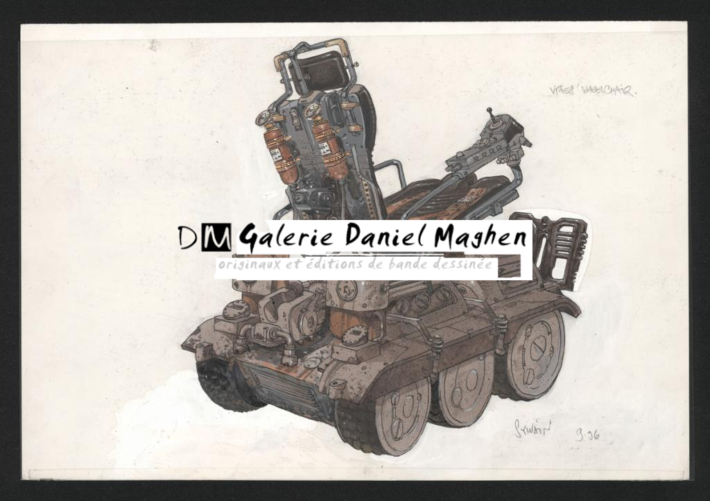 Illustration originale réalisée pour le design de la chaise roulante de l'acteur Dominique Pinon dans le film Alien Resurrection de Jean Jeunet ( avec un celluloïd  sur lesquelles il y a les retouches car fauteuil trop compliqué à réaliser sans les modifi - Sylvain Despretz - Technique mixte sur papier - 5095