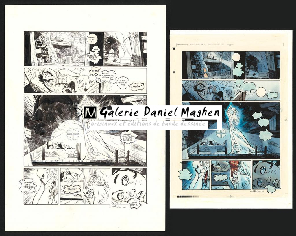 Planche originale n°31, rustines en case n°1, 2 et 5, accompagnée de sa mise en couleur (aux encres de couleur) - Alex Alice - Encre de Chine sur papier - 5114