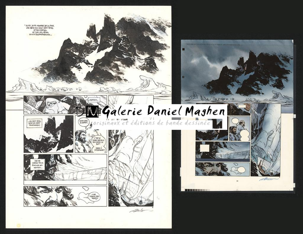 Planche originale n°39, rustines en cases n°1 et 3, accompagnée de sa mise en couleur (aux encres acryliques) - Alex Alice - Encre de Chine sur papier - 5111