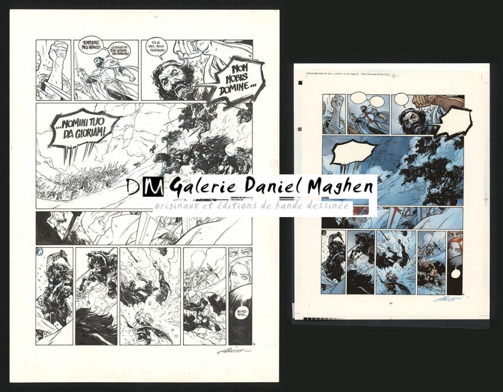 Planche originale n°58, accompagnée de sa mise en couleur (aux encres acryliques) - Alex Alice - Encre de Chine sur papier - 5109