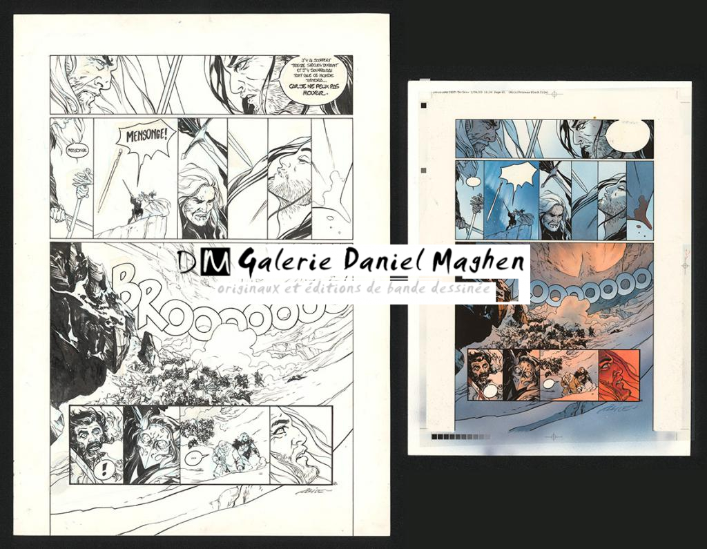 Planche originale n°63, rustines en cases n°1, 2, 3, 5 et 11, accompagnée de sa mise en couleur (aux encres acryliques) - Alex Alice - Encre de Chine sur papier - 5108