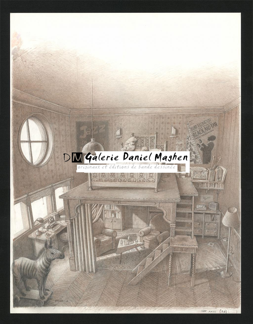 Le lit sur la plate-forme,  illustration originale, chapitre 23, 2019 - Paul & Gaëtan Brizzi - Crayon de cire sur papier - 6476